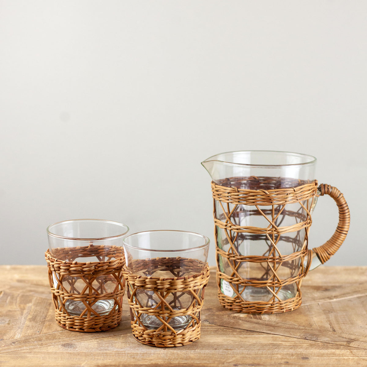 8 Rattan Glasses and Pitcher Set, Boho Glass Tumbler, Wicker Pitcher, Boho  Drinking Glasses, Rustic Modern Mug, Summer Drinking Glasses 2377 