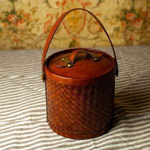 Brown Leather Basket Weave Ice Bucket w/Tongs
