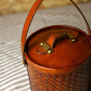 Brown Leather Basket Weave Ice Bucket w/Tongs