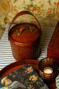 Brown Leather Basket Weave Ice Bucket w/Tongs