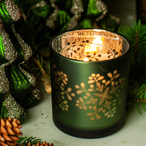 Set of 3 Frosted Green Glass Snowflake Votive Holder, 3"