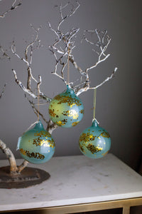 Aqua Sequin Glass Ball Ornaments, set of 3