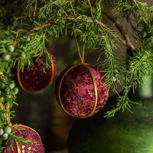 Burgundy and Copper Velvet Embellished Ornament, Set of 3