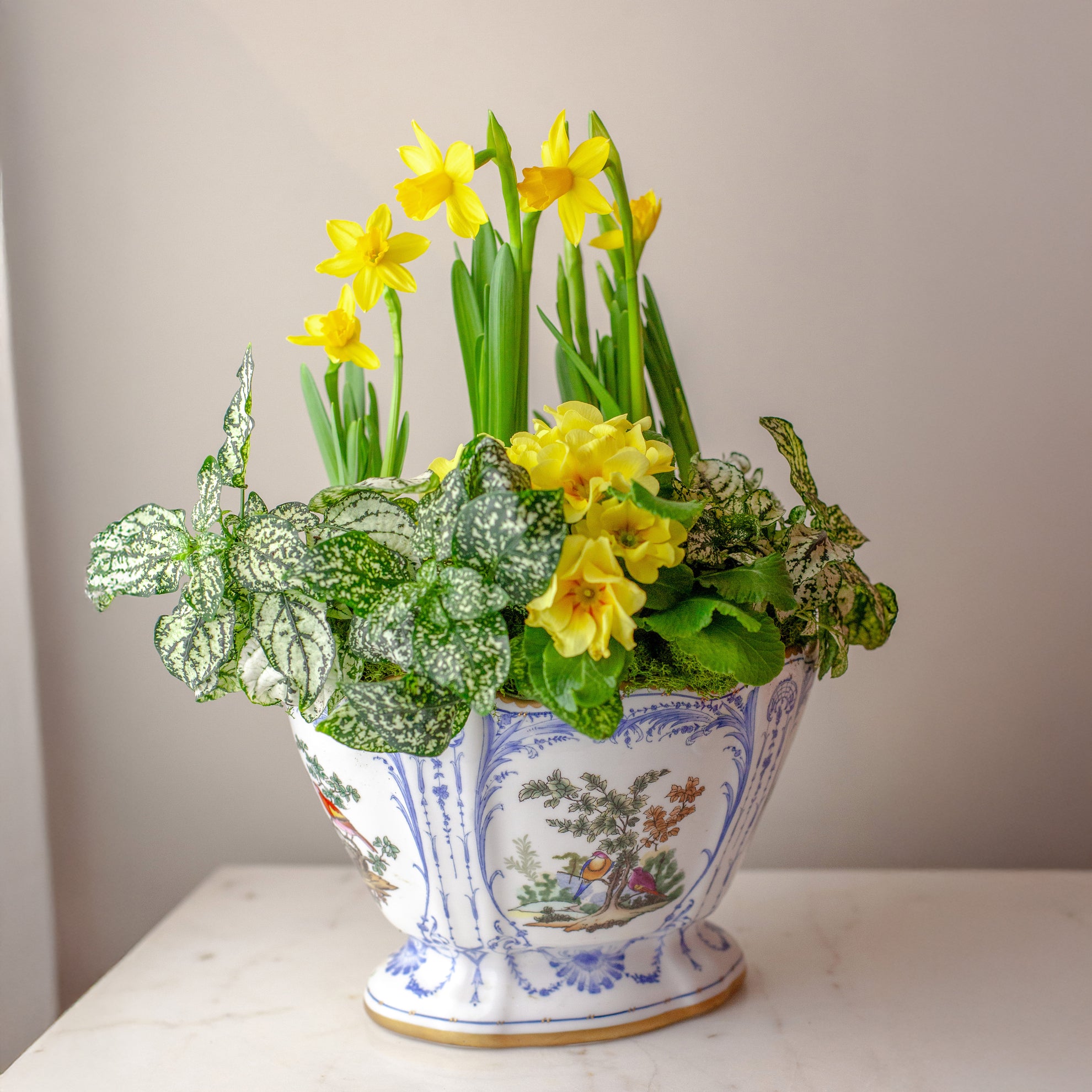 French Scalloped Porcelain Floral Faience Bird Jardiniere