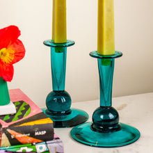 Load image into Gallery viewer, Vintage Blue Glass Candlestick Holders
