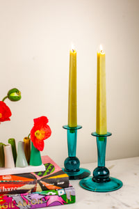 Vintage Blue Glass Candlestick Holders
