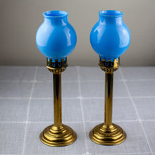 Load image into Gallery viewer, Pair of French-Style Blue Opaline glass and Brass Candlestick Lamps
