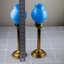 Load image into Gallery viewer, Pair of French-Style Blue Opaline glass and Brass Candlestick Lamps
