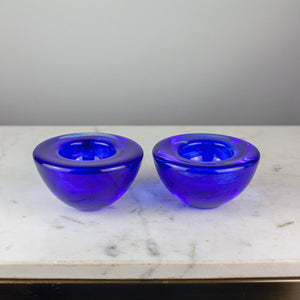 Kosta Boda Atoll colbalt blue candleholders, pair