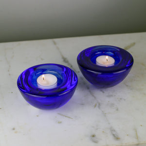 Kosta Boda Atoll colbalt blue candleholders, pair
