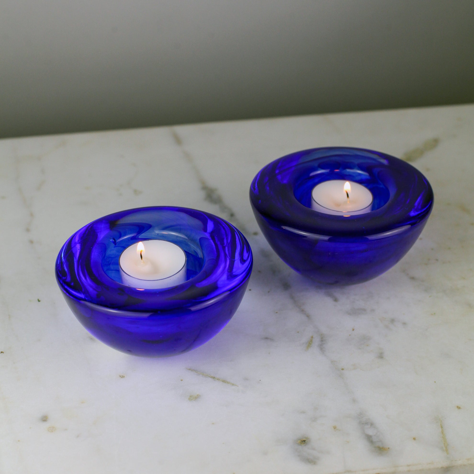 Kosta Boda Atoll colbalt blue candleholders, pair