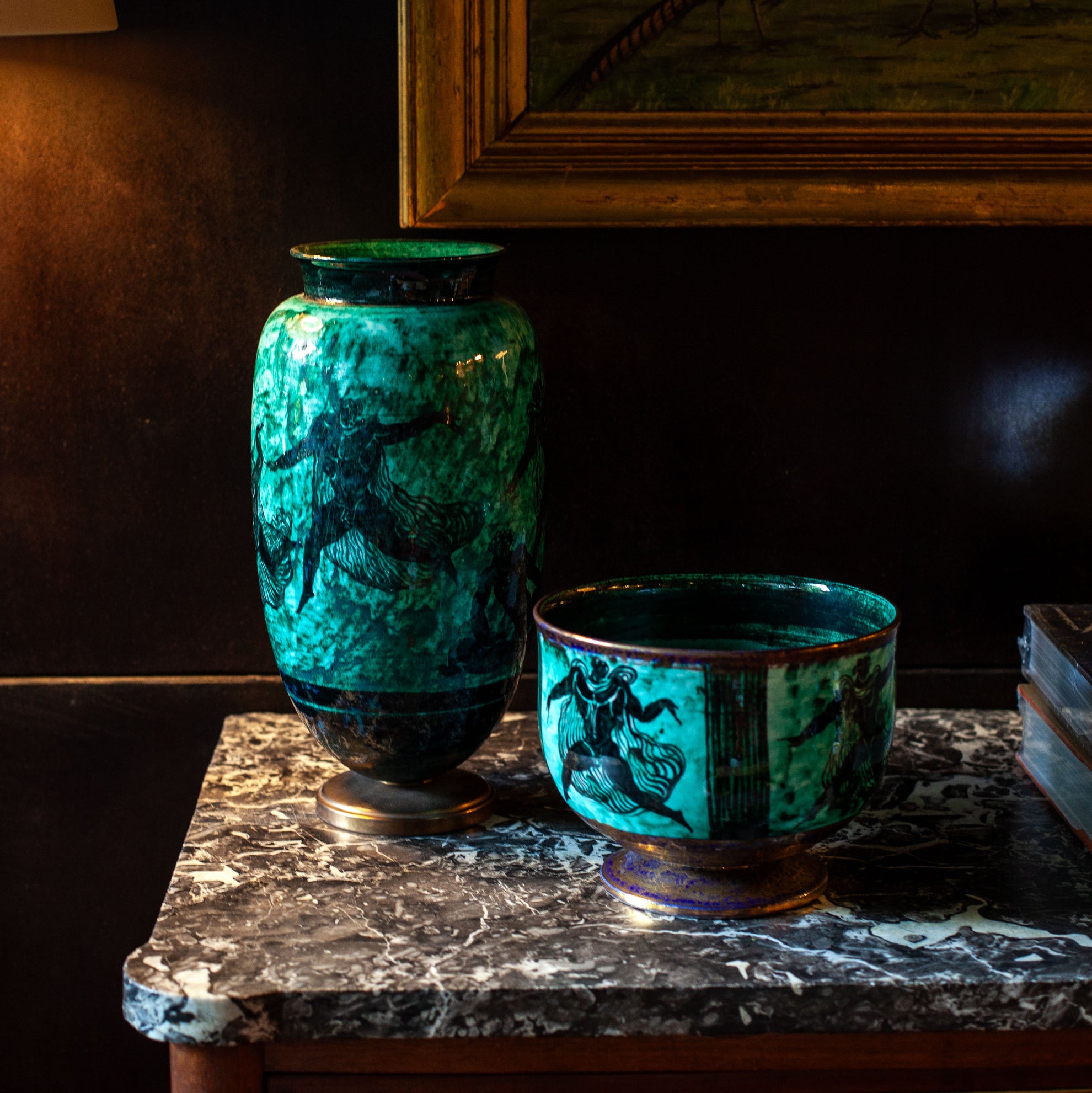 Jean Mayodon Glazed and Gilt French Stoneware Vase and Footed Bowl, Set of 2, 1950