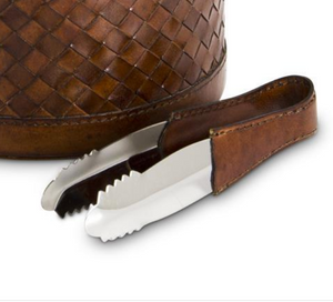 Brown Leather Basket Weave Ice Bucket w/Tongs