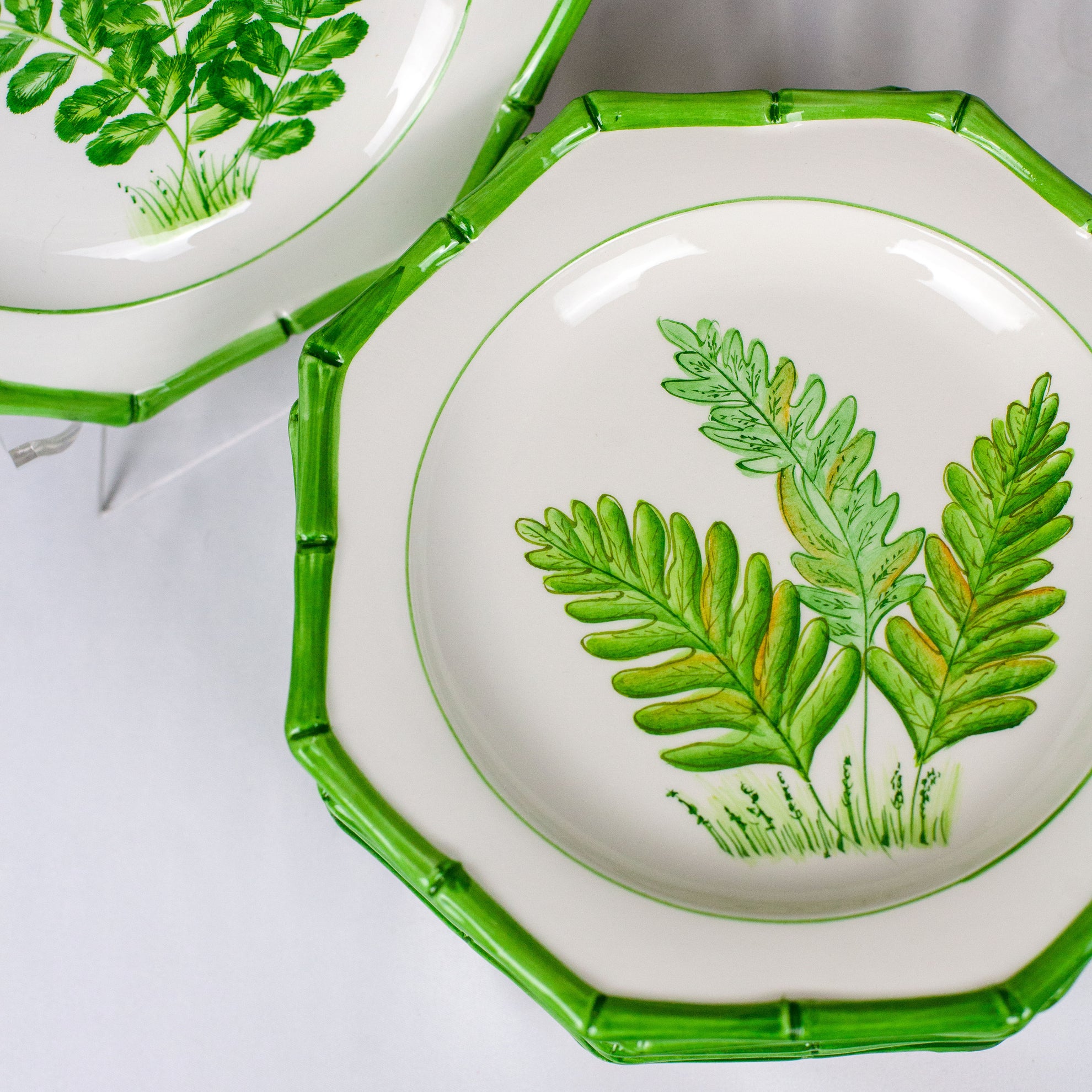 Vintage Italian Octagon Fern and Bamboo Motif, 8 Plates and 4 Bowls