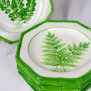 Vintage Italian Octagon Fern and Bamboo Motif, 8 Plates and 4 Bowls