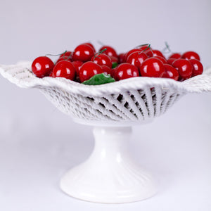 Vintage Porcelain Cherries in White Pedestal Bowl