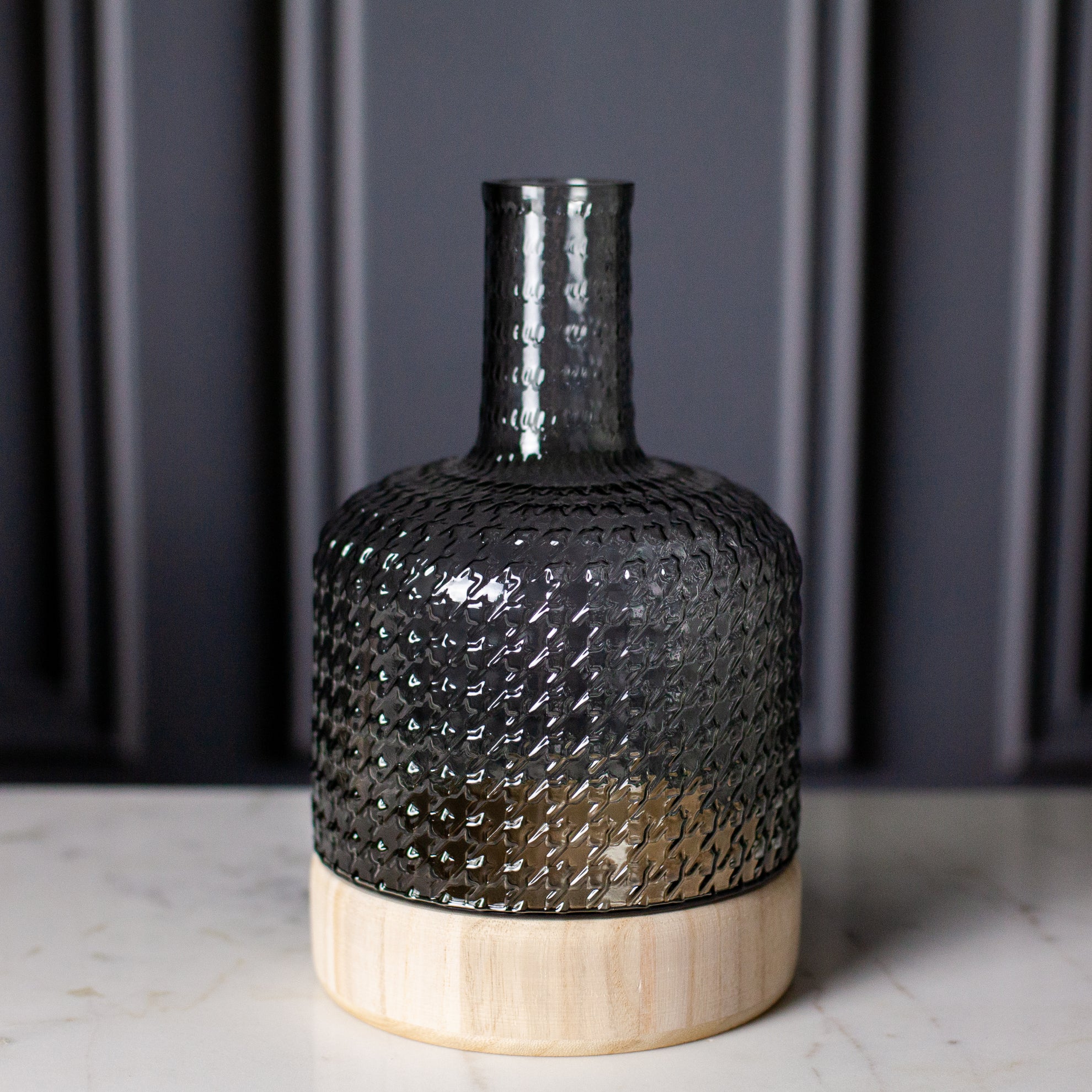 Textured Grey Glass Vase with Wood Base, 16.5