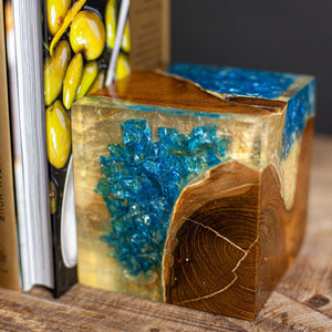 Hazlett Bookends, Teak and Blue Resin